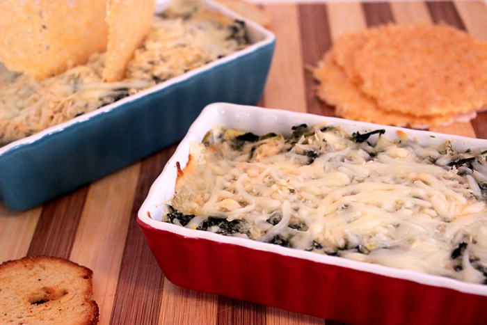 Cheesy Spinach and Artichoke Dip with Parmesan Crisps