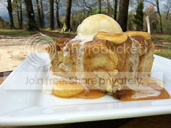 Pineapple Banana Bread Pudding with Banana Caramel Sauce